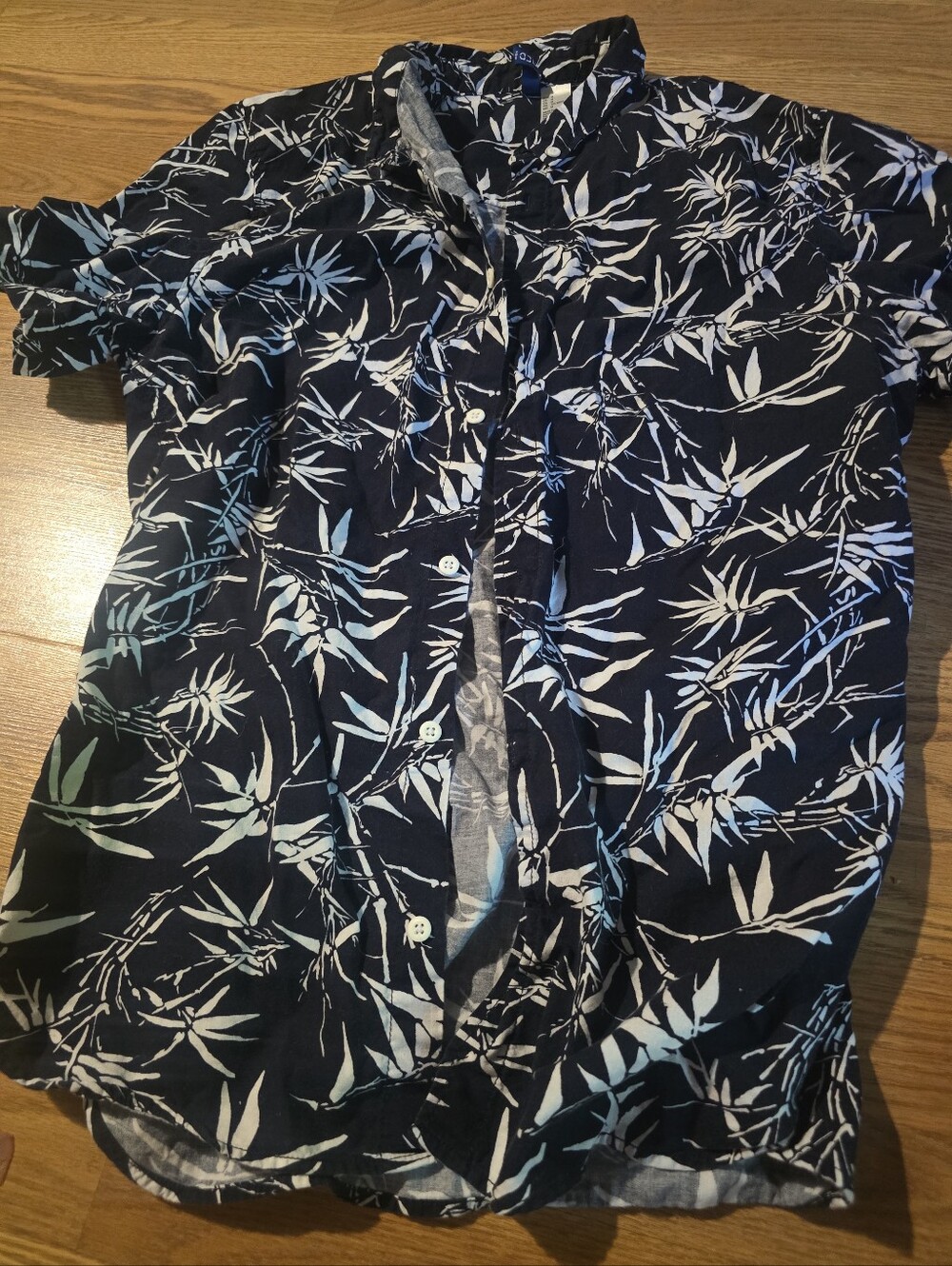 H&M Navy Blue and White Button-Down Shirt - Tropical Leaf Print